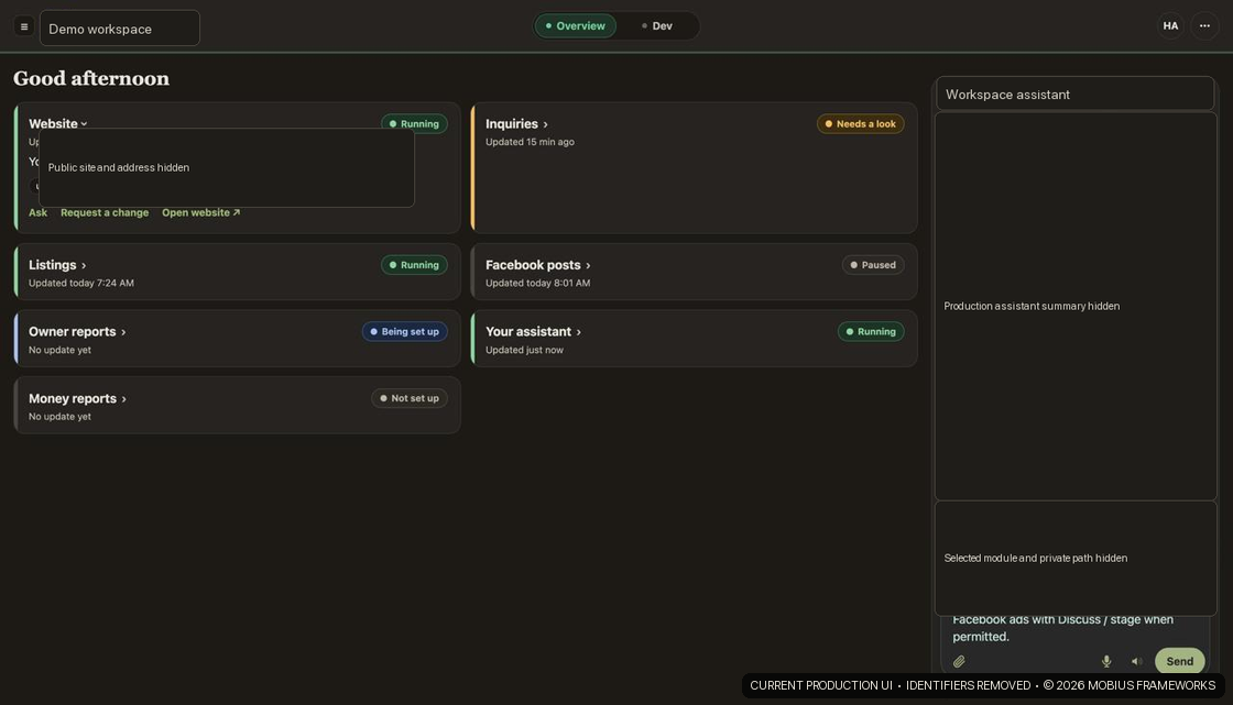 Current Mobius product workspace showing modules, status, progress, and an assigned assistant