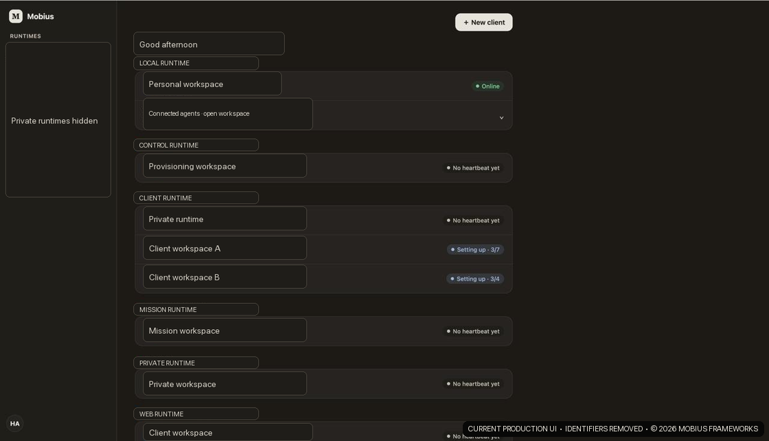Current Mobius home screen showing multiple workspace and runtime groups