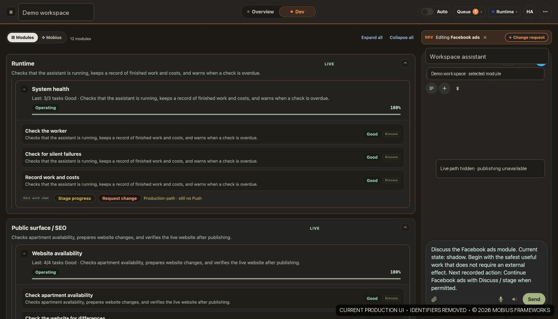 Current Mobius module view showing tasks, progress, discussion, and editing controls