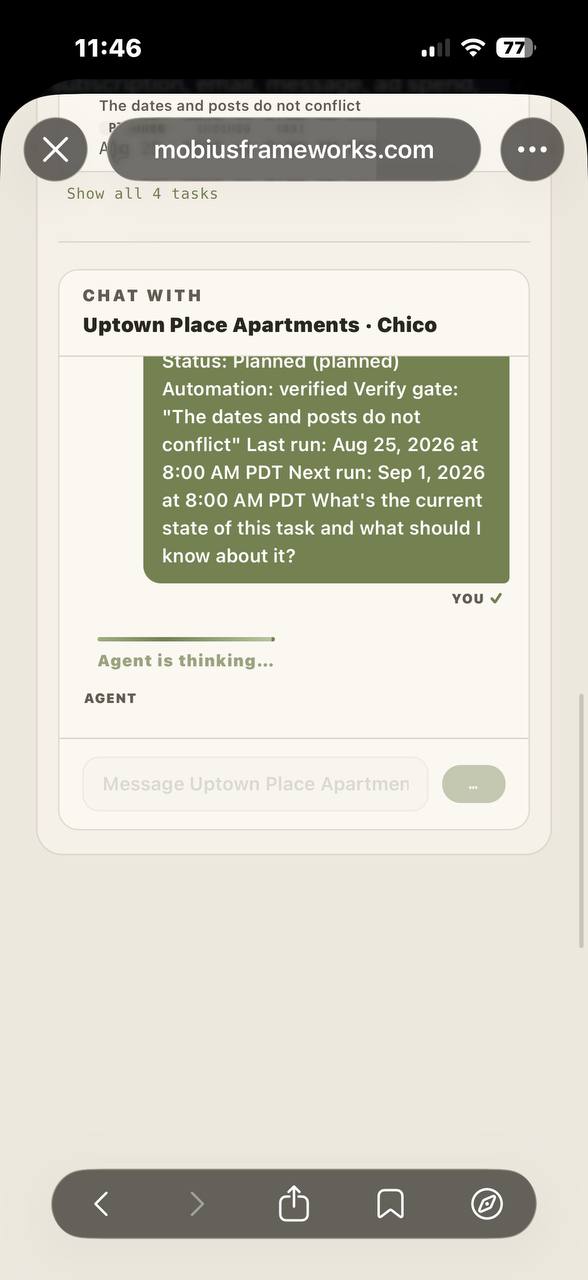 Chat interface showing user asking the agent a question about the property
