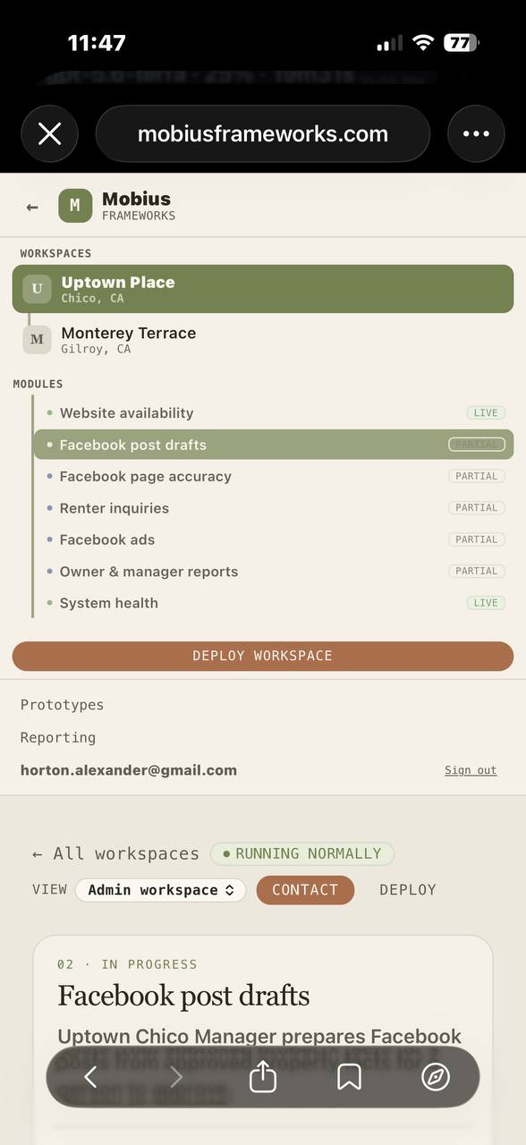 Mobius Frameworks dashboard showing two apartment communities (Uptown Place Chico, Monterey Terrace Gilroy) with module statuses