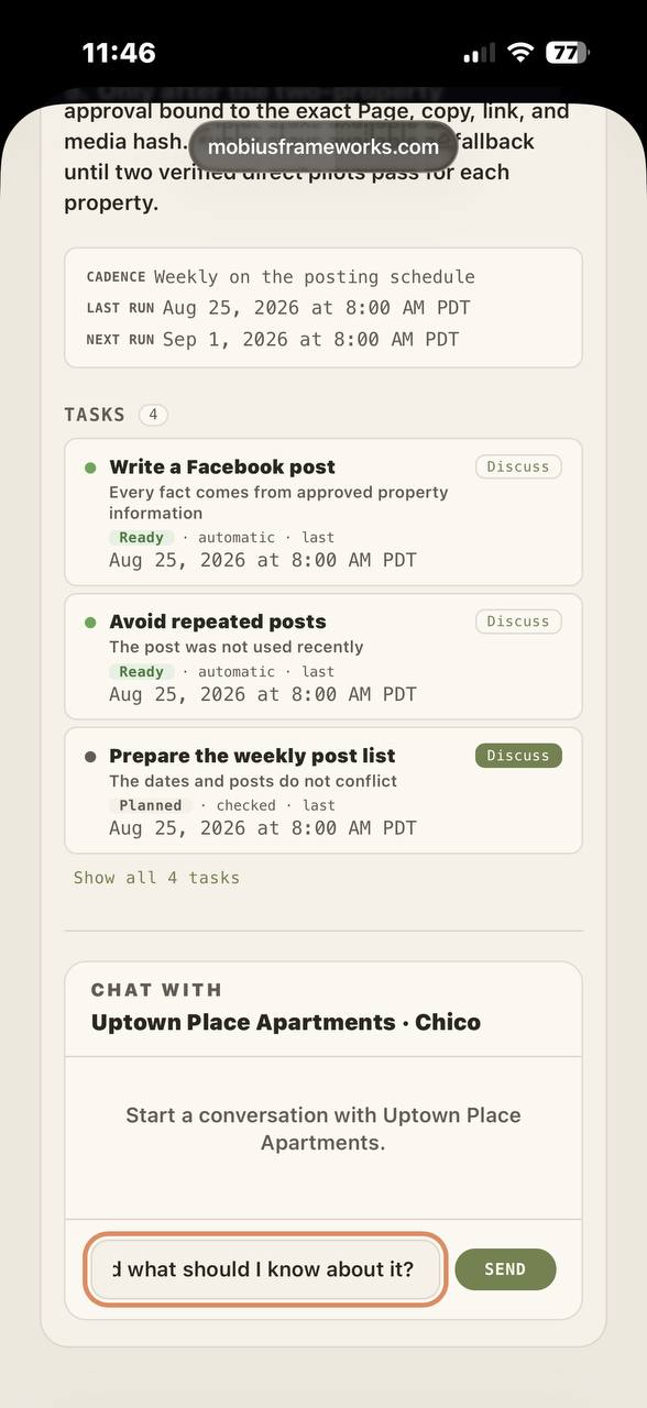 Task detail showing scoped permissions, verification gates, and approval bound to Page copy link and media hash